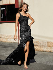 One Shoulder Trumpet Lace Sequin Gown Black