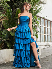 Strapless A-line Floor-length Tiered Dress Ink Blue