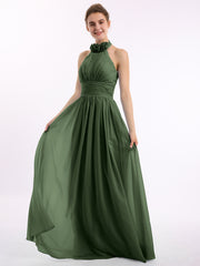 Long Halter Chiffon Gown with 3D Floral Neck Olive Green