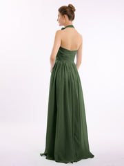 Long Halter Chiffon Gown with 3D Floral Neck Olive Green