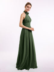 Long Halter Chiffon Gown with 3D Floral Neck Olive Green