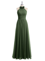 Long Halter Chiffon Gown with 3D Floral Neck Olive Green