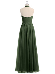 Long Halter Chiffon Gown with 3D Floral Neck Olive Green