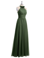 Long Halter Chiffon Gown with 3D Floral Neck Olive Green