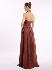 Long Halter Chiffon Gown with 3D Floral Neck Terracotta