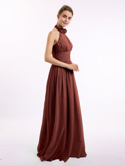 Long Halter Chiffon Gown with 3D Floral Neck Terracotta