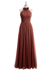 Long Halter Chiffon Gown with 3D Floral Neck Terracotta