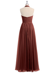 Long Halter Chiffon Gown with 3D Floral Neck Terracotta