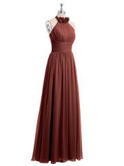 Long Halter Chiffon Gown with 3D Floral Neck Terracotta