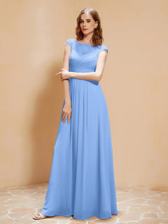 Lace Applique Top Long Bridesmaid Gown Blue