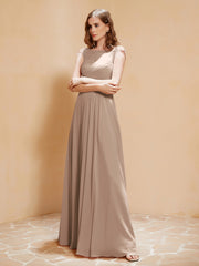 Lace Applique Top Long Bridesmaid Gown Taupe