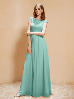 Lace Applique Top Long Bridesmaid Gown Turquoise