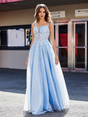 A-line Square Floor length Tulle Prom Dresses Sky Blue