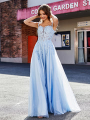 A-line Square Floor length Tulle Prom Dresses Sky Blue