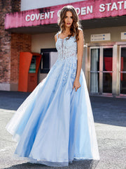A-line Square Floor length Tulle Prom Dresses Sky Blue