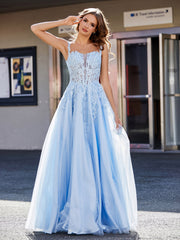 A-line Square Floor length Tulle Prom Dresses Sky Blue Plus Size