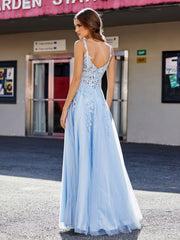 A-line Square Floor length Tulle Prom Dresses Sky Blue Plus Size