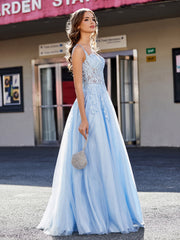 A-line Square Floor length Tulle Prom Dresses Sky Blue Plus Size