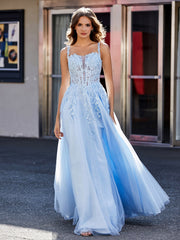 A-line Square Floor length Tulle Prom Dresses Sky Blue Plus Size