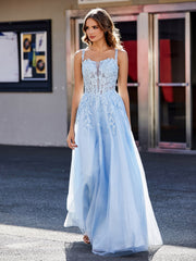 A-line Square Floor length Tulle Prom Dresses Sky Blue Plus Size