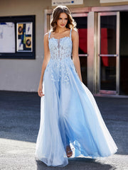 A-line Square Floor length Tulle Prom Dresses Sky Blue Plus Size