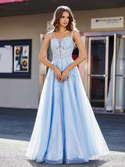 A-line Square Floor length Tulle Prom Dresses Sky Blue Plus Size