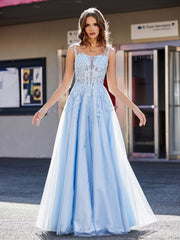 A-line Square Floor length Tulle Prom Dresses Sky Blue Plus Size