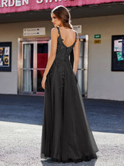 A-line Square Floor length Tulle Prom Dresses Black