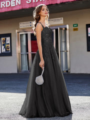 A-line Square Floor length Tulle Prom Dresses Black Plus Size