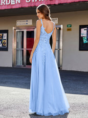 A-line Square Floor length Tulle Prom Dresses Blue