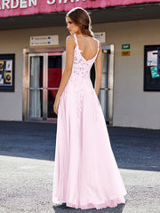 A-line Square Floor length Tulle Prom Dresses Blushing Pink Plus Size