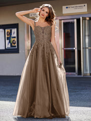 A-line Square Floor length Tulle Prom Dresses Brown Plus Size