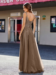 A-line Square Floor length Tulle Prom Dresses Brown