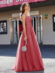 A-line Square Floor length Tulle Prom Dresses Burgundy