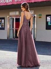 A-line Square Floor length Tulle Prom Dresses Cabernet