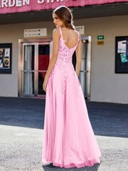 A-line Square Floor length Tulle Prom Dresses Candy Pink Plus Size