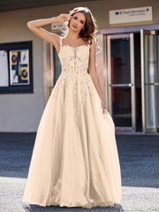 A-line Square Floor length Tulle Prom Dresses Champagne