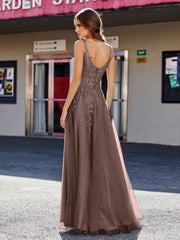 A-line Square Floor length Tulle Prom Dresses Chocolate