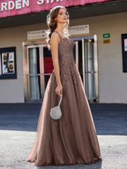 A-line Square Floor length Tulle Prom Dresses Chocolate Plus Size