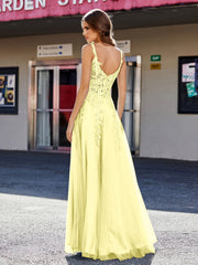 A-line Square Floor length Tulle Prom Dresses Daffodil Plus Size
