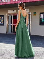 A-line Square Floor length Tulle Prom Dresses Dark Green Plus Size