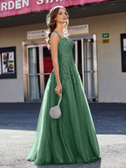 A-line Square Floor length Tulle Prom Dresses Dark Green Plus Size