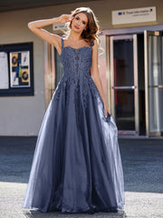 A-line Square Floor length Tulle Prom Dresses Dark Navy