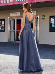 A-line Square Floor length Tulle Prom Dresses Dark Navy