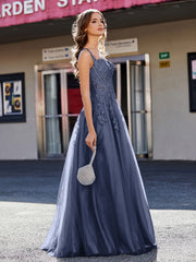 A-line Square Floor length Tulle Prom Dresses Dark Navy