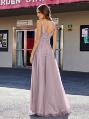 A-line Square Floor length Tulle Prom Dresses Dusk