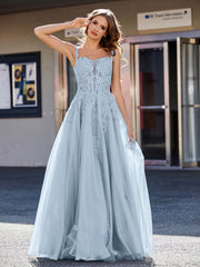 A-line Square Floor length Tulle Prom Dresses Dusty Blue