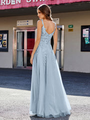 A-line Square Floor length Tulle Prom Dresses Dusty Blue