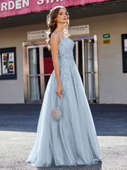 A-line Square Floor length Tulle Prom Dresses Dusty Blue Plus Size