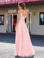 A-line Square Floor length Tulle Prom Dresses Dusty Rose Plus Size